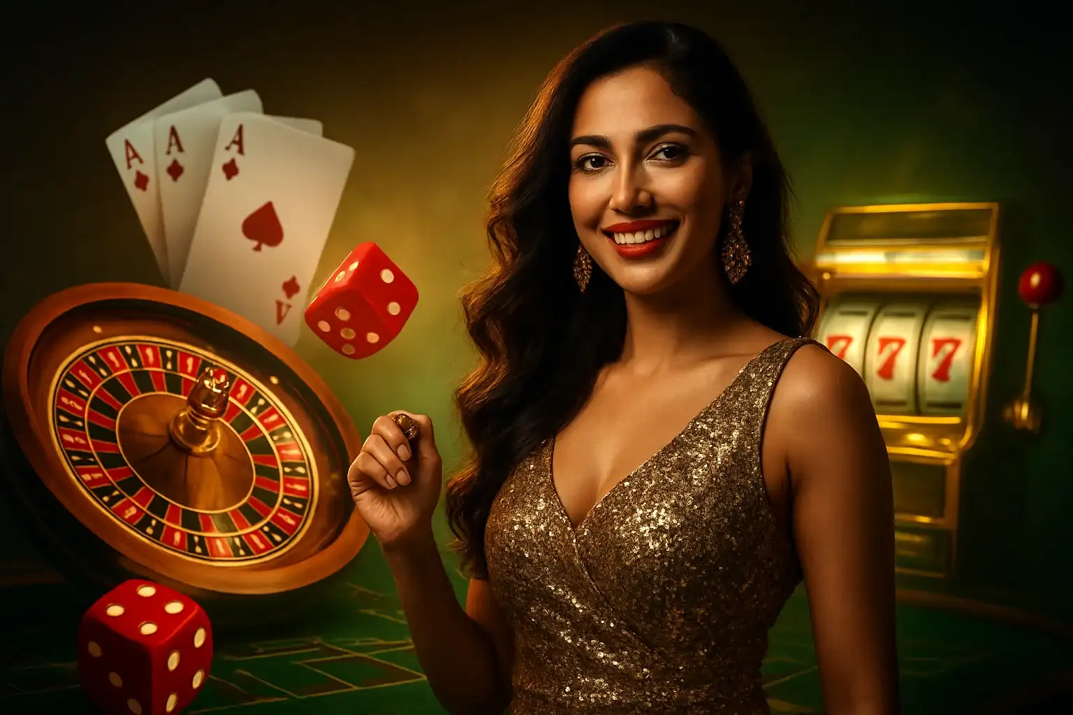 Beautiful Indian woman in red dress standing near roulette and slot machines in bright casino interior